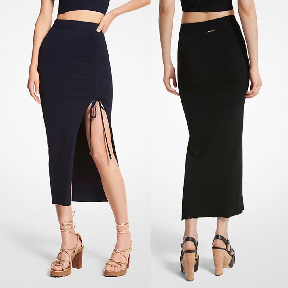 MICHAEL KORS Ruched Knit Slit Skirt Black with Gold Hardware Size XS